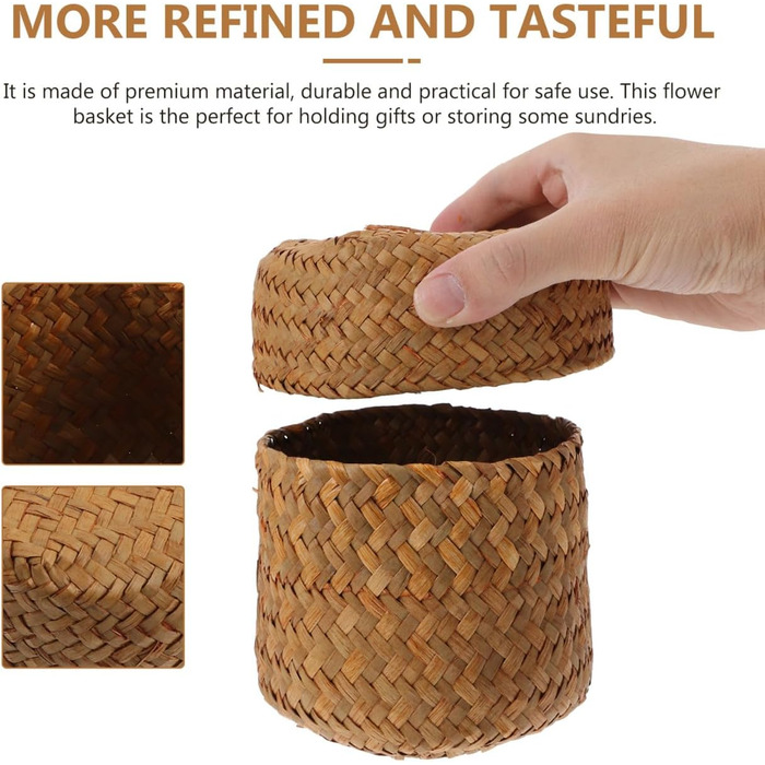 Міні-кошик IMIKEYA з 2 предметів з морською травою та кришкою, круглий, ручної роботи, маленька скринька з морської трави, кошики для зберігання з верби, сільський квітковий кошик для столу, дому, вечірки, 12x9 см