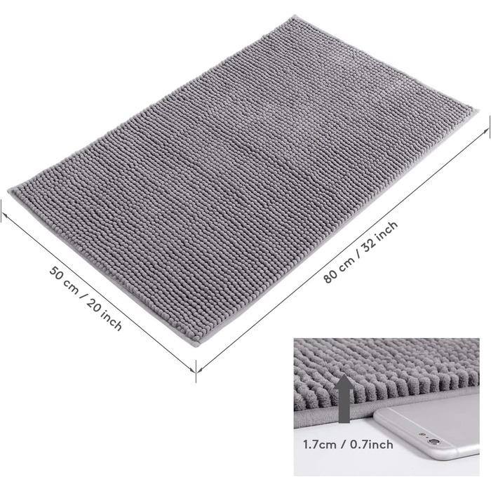 Нековзний килимок для ванної кімнати Lifewit 50x80см Килимок для ванної кімнати з мікрофібри синельного кольору Сірий Сірий 80 x 5