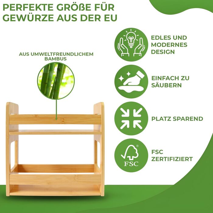 Бамбукова підставка для спецій для настінного або окремого використання, кухонна полиця з 2 місткими полицями, 28 x 28 x 11,5 см, підставка для спецій для зберігання контейнерів для спецій та трав (сучасна велика)