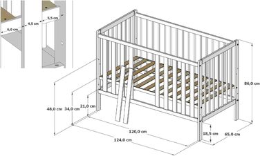 Дитяче ліжечко, ліжко Bambi 2-в-1 - Трирівневе регулювання для дитини, яка не сидить, сидить та стоїть - Два знімні поручні - з захисним бортиком - 60x120x86 см, Кашемір