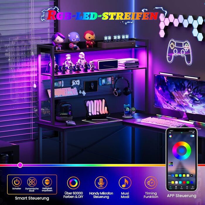 Письмовий стіл з перфорованою дошкою 135 x 90 см Кутовий стіл з полицею Великий ігровий стіл з розетками та портом USB для зарядки Ігровий стіл L-подібної форми з місцем для зберігання Чорний 135 x 90 x 152 см Чорний