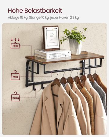 Настінна вішалка VASAGLE з полицею для зберігання, настінна полиця з 5 знімними гачками, підвісна полиця з рейкою для одягу, для п