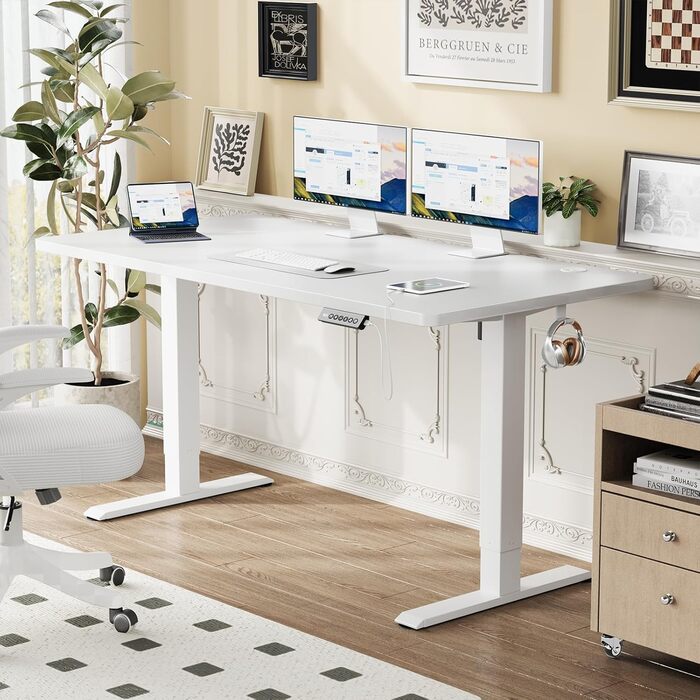 Стіл Flamaker з регульованою висотою, повна стільниця 110 x 53 см, електричний стіл, регульована висота для роботи сидячи та стоячи, комп&39ютерний стіл з функцією пам&39яті, стіл для роботи стоячи, білий, 110 x 53 см