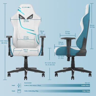 Геймерське крісло з тканинним чохлом та 4D підлокітниками Ергономічне офісне крісло з опорою для голови та попереку, регулювання висоти, функція нахилу 90-155, білий/синій