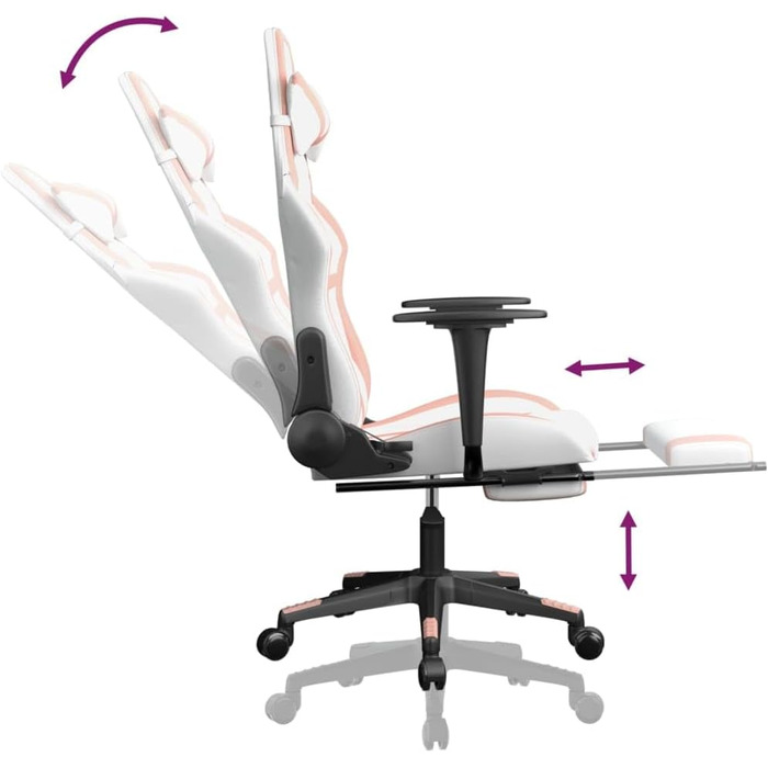 Геймерське крісло з підставкою для ніг з білої та рожевої штучної шкіри, регульована спинка та висота, функція повороту на 360 градусів, міцний металевий каркас, ергономічне сидіння.