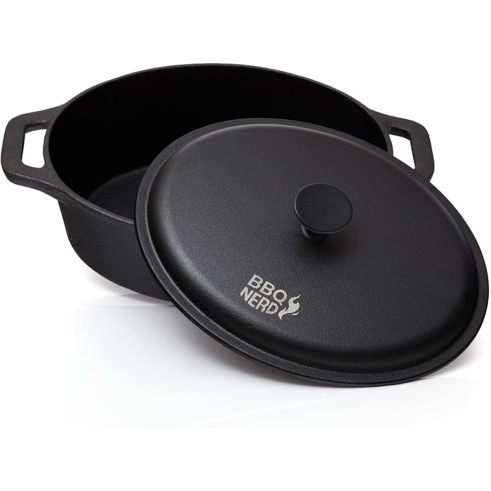 Сковорода BBQ-Nerd з кришкою (овальна, 33x26 см) з чавуну 6,4 л - каструля для смаження чавунна каструля для запікання - кокотниця