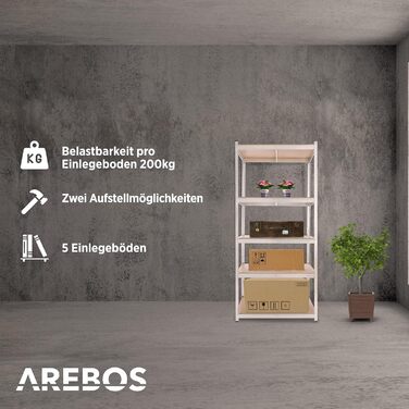 Міцний стелаж Arebos 200x90x45 см Вантажопідйомність 1000 кг 5 полиць з МДФ Легке складання за допомогою вставної системи, без потреби в гвинтах Стелаж, стелаж для зберігання, стелаж для підвалу, вставний стелаж, стелаж для майстерні Оцинкований