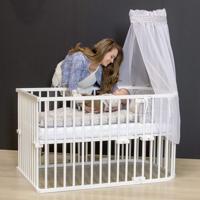 Комплект для переобладнання дитячого ліжка babybay для приліжкових ліжечок, плавне регулювання, підходить для моделі Maxi та ліжка Boxspring / дитячого ліжка, розмір 140 см x 89 см, виготовлений з масиву бука, білий лак