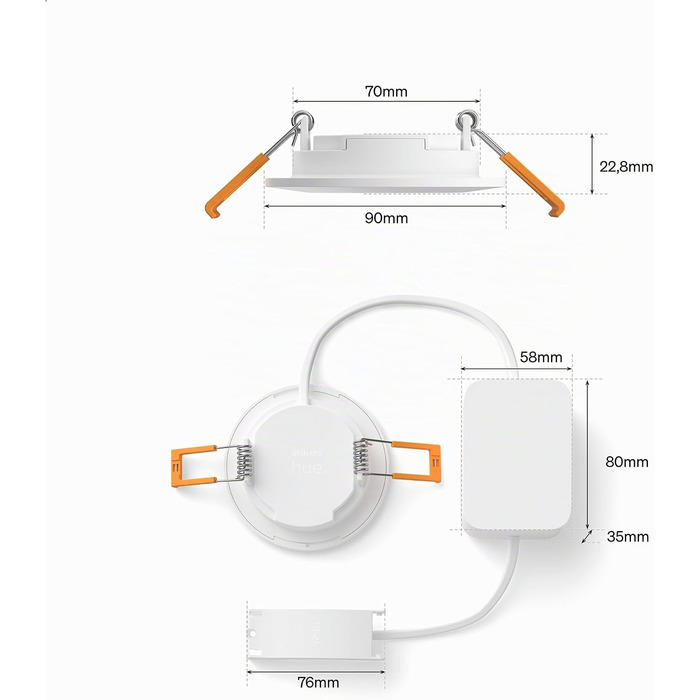 Набір вбудованих світильників Philips Hue Slim Downlight (3 шт.), LED, 1000 лм, 90 мм, тонкий дизайн, повний спектр денного світла 100020 000 K, плавне димування, точна передача кольорів, Smart Lighting, білий, нове покоління розміру S
