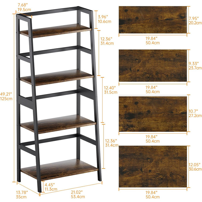 Полиця-драбина HITNET, 4-рівнева книжкова полиця, окремостояча полиця, компактна відкрита полиця для ванної кімнати, підставка для рослин, рустикальний коричневий та чорний колір