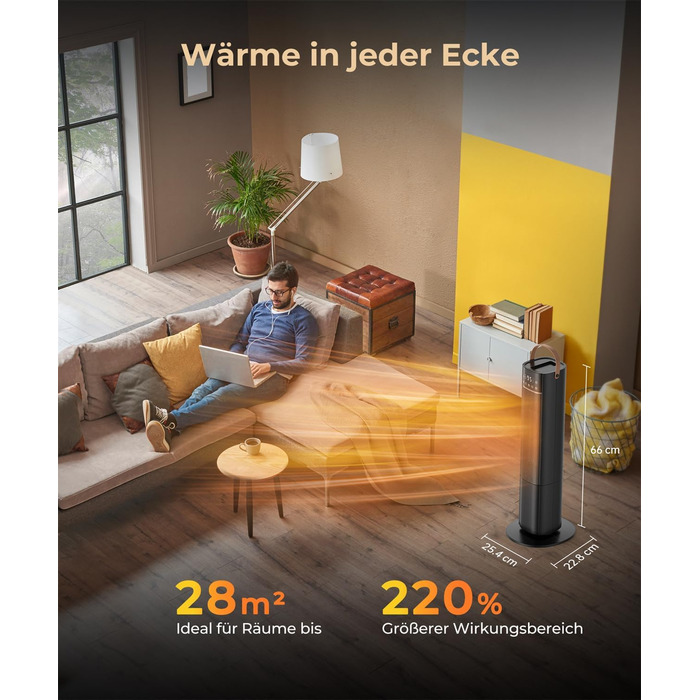 Енергозберігаючий електричний нагрівач, керамічний нагрівач PTC потужністю 2000 Вт, коливальний електричний нагрівач 75 з термостатом, тихий електричний нагрівач, 3 режими, 24-годинний таймер, захист від перегріву та перекидання