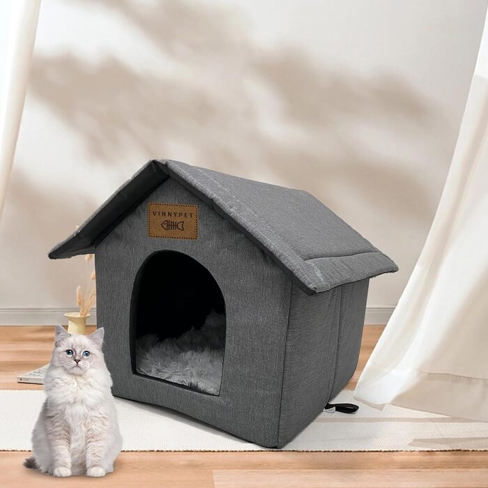 Котячий будиночок Vinnypet для вулиці, зимостійкий, водонепроникний, всепогодний, котяча печера, будиночок для домашніх тварин з плюшевою подушкою, тепла собача печера, що миється, притулок для бездомних тварин 40x35x40