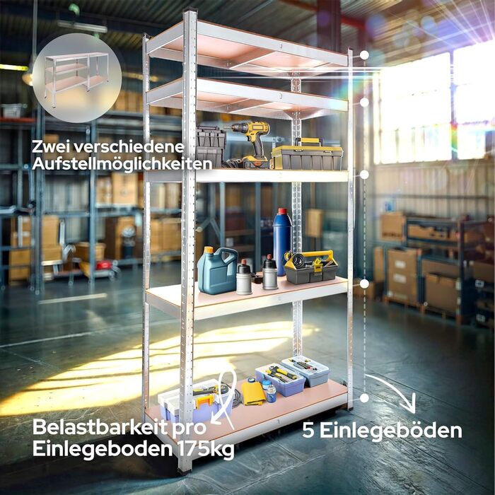 Комплект міцних полиць Arebos з 2 предметів 180 x 90 x 40 см Вантажопідйомність 875 кг Товщина 0,63 мм 5 регульованих полиць з МДФ Полиця для зберігання, полиця для підвалу, полиця без болтів, полиця для майстерні Оцинковане срібло