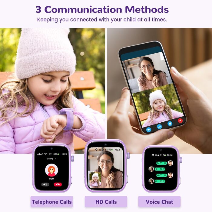 Дитячий смарт-годинник з функцією відеодзвінків та телефону, дитячий годинник з GPS, голосовим чатом, WhatsApp, WiFi, SOS, SMS, шкільним режимом, крокоміром, водонепроникний IP68, будильник, дитячий смарт-годинник для дівчаток/хлопчиків, фіолетовий/фіолет