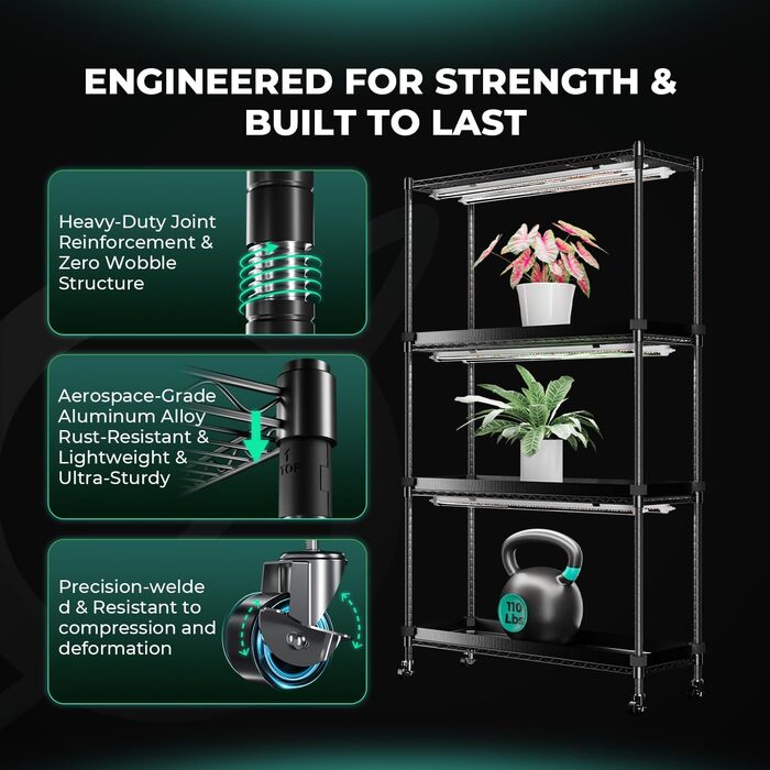 Підставка для рослин MARS HYDRO 2025 з лампами для вирощування, 4-рівнева полиця для рослин з 6 світлодіодними лампами повного спектру (54 Вт, 12 дюймів) та міні-теплиця для вирощування овочів, розсади, рослин, 5000K, 16x12x47 дюймів, розмір - 4030120 см