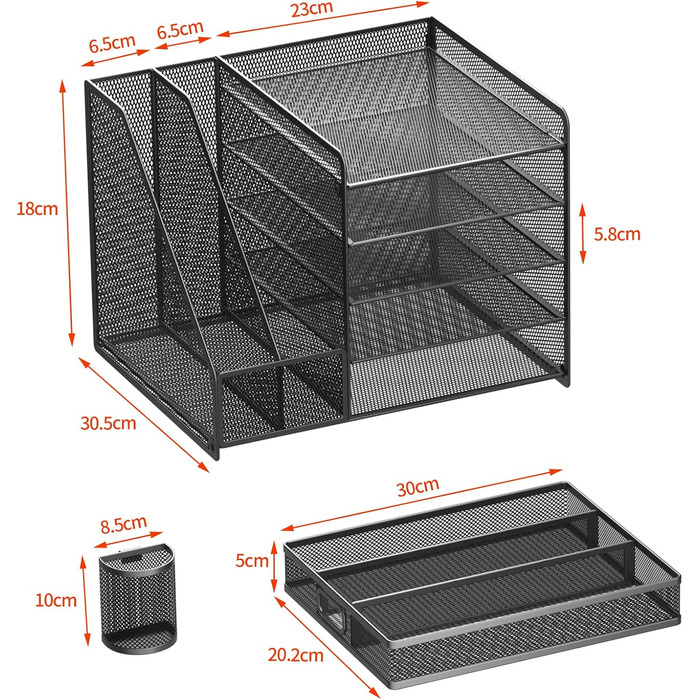 Настільний органайзер з тримачами для файлів, 5-рівневий органайзер для паперів з шухлядою та 2 тримачами для ручок, сітчастий настільний органайзер для файлів з тримачем для журналів для офісу, 5-рівневий настільний органайзер, чорний, з шухлядою та 2 тр
