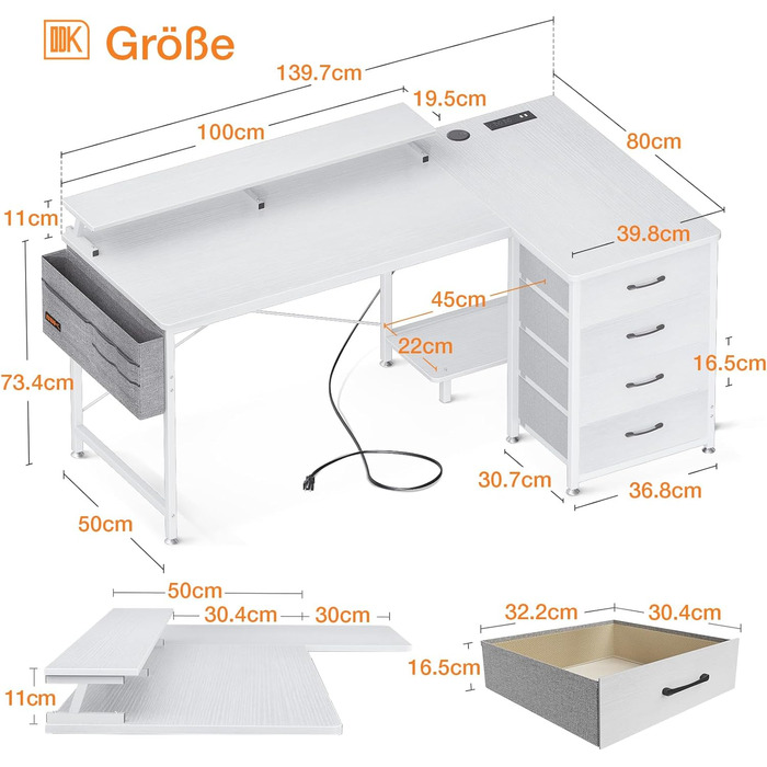 Кутовий стіл ODK білий, стіл L-подібної форми з 4 шухлядами, 140x80x84.7 см, стіл L-подібної форми двосторонній з портом для заряд