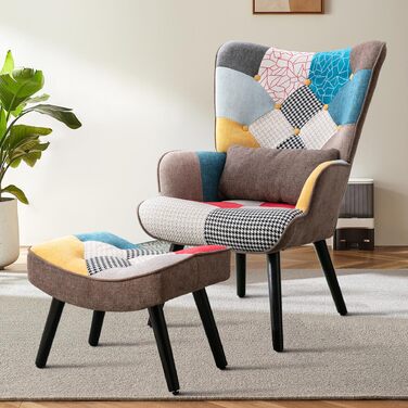 Крісло-відкидка з пуфом, крісло в стилі печворк, дерев&39яне крісло, сучасне крісло-підголовок для вітальні з ніжками з масиву дерева, крісло під телевізор, лляне крісло для відпочинку, коричневе крісло