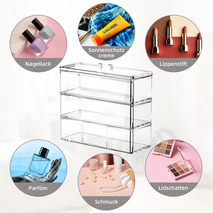 Рівневий органайзер для макіяжу, зберігання косметики з кришкою, контейнер для пензлів для макіяжу, органайзер для макіяжу для туалетного столика, ванна кімната, прозорий, 3-