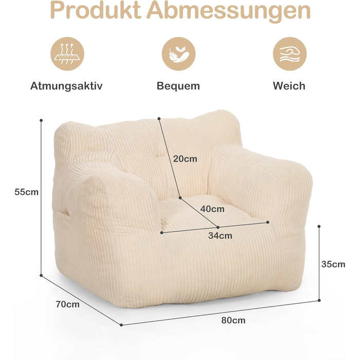 Крісло-мішок Pamapic для дорослих, наповнене крісло-мішок з портативною ручкою, сучасне ергономічне крісло-мішок, крісло-мішок для приміщень для вітальні, спальні, ігрової кімнати, бежевий 70Г x 80Ш x 55В см