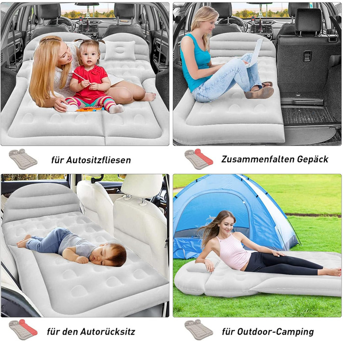 Надувний матрац для автомобіля позашляховика - потовщений та покращений кемпінговий матрац для заднього сидіння/багажника з електричним насосом, побутовий адаптер, 2 подушки 2 підставки для ніг, білий