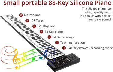 Складане піаніно можна згорнути для транспортування - Літій-іонний акумулятор - Практичне та легке - Чудове для подорожей - Підходить для дітей та дорослих - В комплекті зарядний кабель та педаль, 88 Roll Piano -