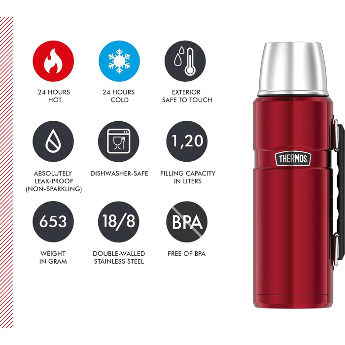 Термос-пляшка Thermos Stainless King, червона, 1,20 л - нержавіюча сталь, абсолютно герметична, з чашкою для пиття та ручкою, зберігає напої гарячими 12 годин та холодними 24 години, можна мити в посудомийній машині, без BPA, журавлина 1200 мл
