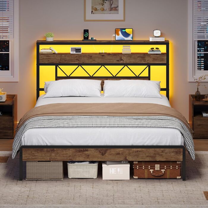Ліжко 140x200 зі світлодіодним освітленням, каркас ліжка 140x200 з металевою рейковою основою, металеве ліжко з розеткою, дерев&39яне узголів&39я з 2 відкритими полицями, місце для зберігання речей під ліжком, спальня, вінтажний коричневий 140 x 200 см