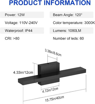 Світлодіодне дзеркальне світло для ванної кімнати Klighten 40 см, 12 Вт IP44 Лампа для ванної кімнати, Дзеркальна лампа для ванної