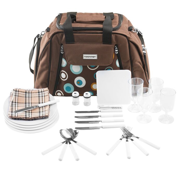 Сумка для пікніка anndora з відділенням-холодильником, коричнева з синіми колами, 29 предметів, 4 особи, 3655 Коричнева з різнокольоровими колами