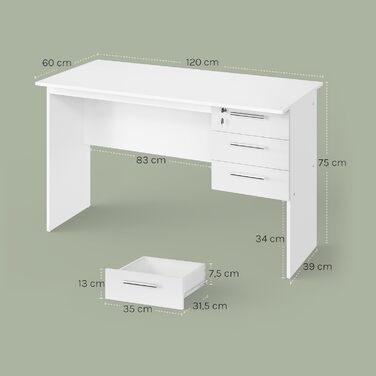 Письмовий стіл з 3 шухлядами, комп&39ютерний стіл білий, 120x60 см офісний стіл ПК стіл, дитячий робочий стіл, для кабінету, спальні, вітальні