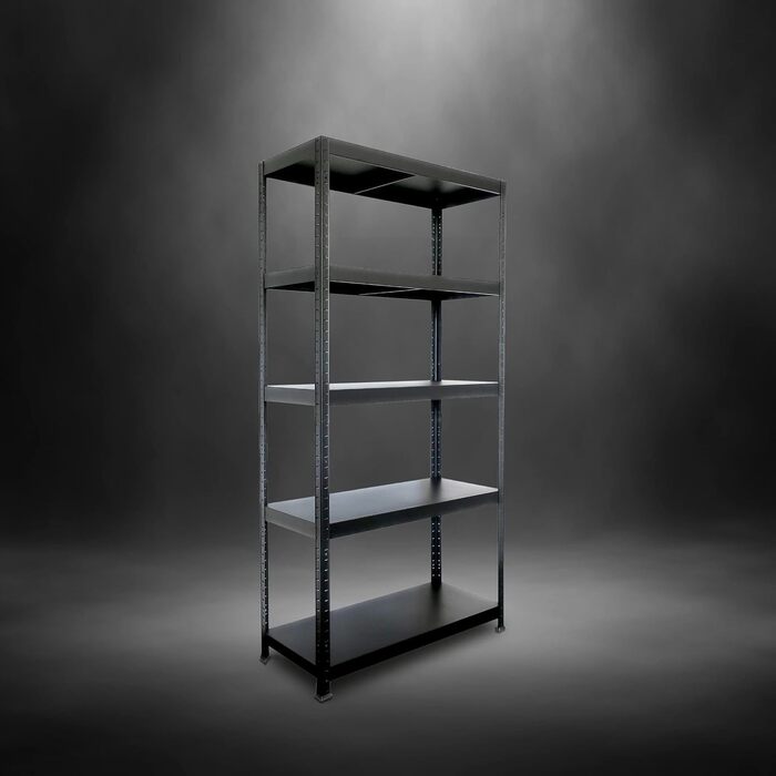 Міцний стелаж - ВxШxГ 180 x 90 x 40 см - Чорний - Вантажопідйомність 650 кг - Стелаж без болтів з 5 полицями - Навантаження на полицю 130 кг - Зроблено в ЄС - Міцний металевий стелаж - Легке складання - Для майстерні та складу