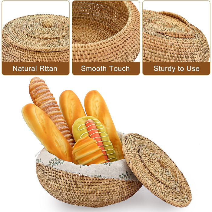 Плетена ротангова скринька для зберігання з кришкою, натуральний кошик для хліба, овочів, фруктів, продуктів, ключів, кабелів, пульта дистанційного керування, окулярів, як кошик для фруктів/перекусів, органайзер для столу, подарунковий, 28*28*16 см