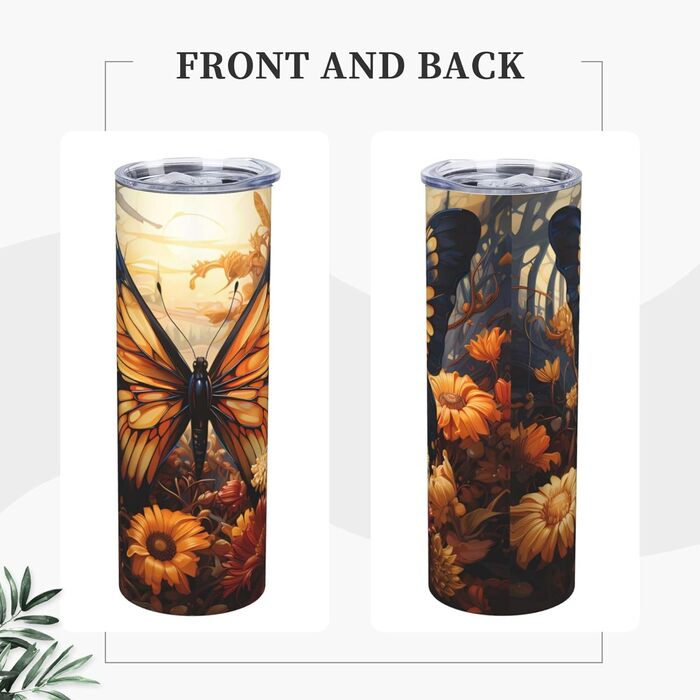 Кухоль з прямою трубочкою, 590 мл, помаранчевий/жовтий, поле метеликів, квіти, дорожній кухоль з принтом, підходить для кемпінгу, офісу та дому