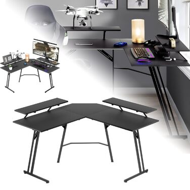 Великий ігровий стіл, L-подібний комп&39ютерний стіл з підставкою для монітора, карбонова поверхня, ергономічний кутовий стіл для ігор та домашнього офісу