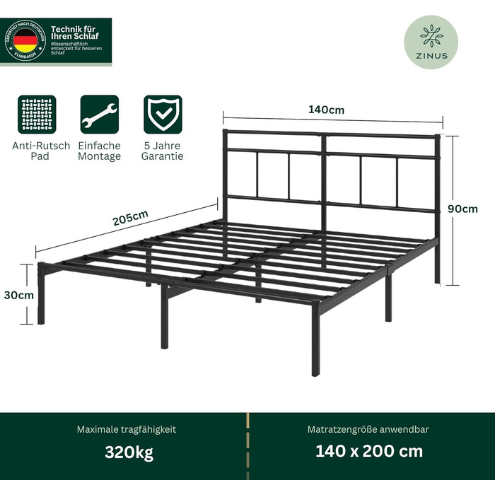 Ліжко Zinus Elias каркас 140x200 см з вінтажним узголів&39ям - Металеве ліжко 140x200 з металевою рейковою основою - Платформа заввишки 30 см з простором під нею - Пружинний матрац не потрібен - Чорний 200 x 140 см