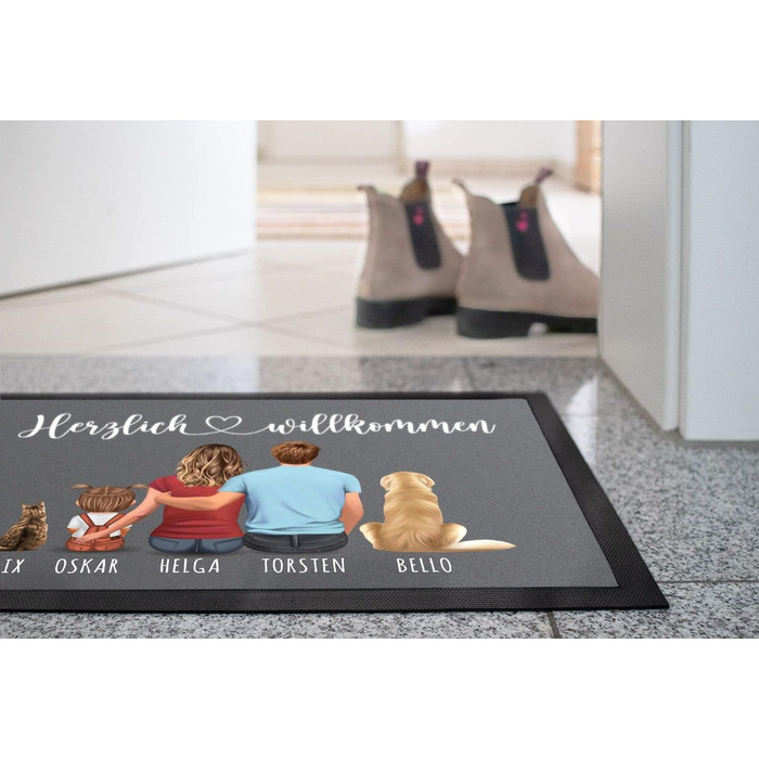 Персоналізований сімейний килимок для дверей з фігурками та іменами (1, 2, 3, 4 дітей, собака, кіт), нековзний та миється, чорний, 60x40 см