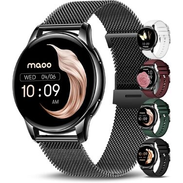 Розумний годинник maoo Ventura для жінок із функцією дзвінків, 1,32-дюймовий AMOLED-дисплей, монітор серцевого ритму, SpO, монітор артеріального тиску, понад 100 спортивних режимів, водонепроникність IP67, 5 браслетів у комплекті (чорний)