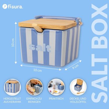 Фісура Оригінальна солонниця Salt у блакитному кольорі. Велика квадратна солонниця з кераміки з дерев'яною кришкою та ложечкою. Підходить також для цукру або спецій. 10 x 10 x 9 см. Salt, блакитний.