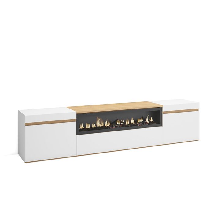 Тумба під телевізор, низька для вітальні та їдальні 200x45x35 см Для телевізорів до 80 дюймів Електричний камін. Сучасний стиль Білий та м&39який дуб