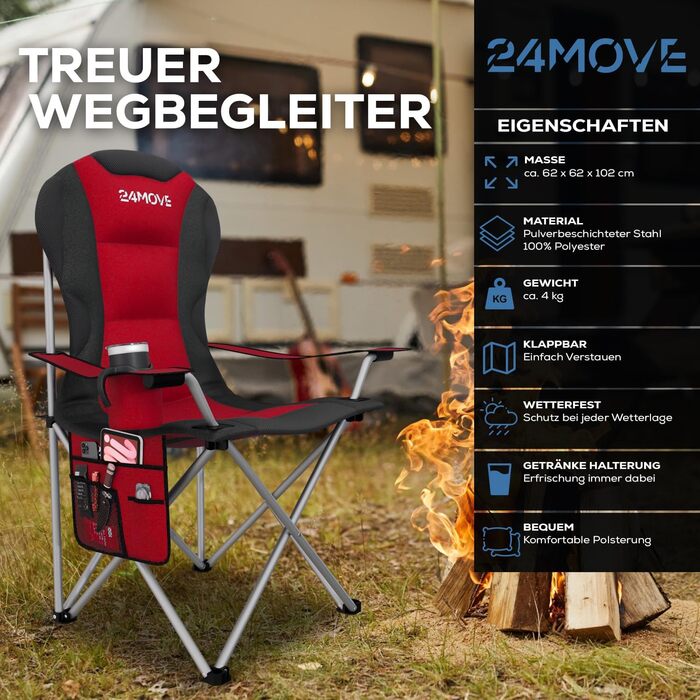 Складаний кемпінговий стілець 24MOVE, вантажопідйомність до 150 кг, складний рибальський стілець, м&39який стілець з підлокітниками, тримач для напоїв кишеня, висока спинка, пляжний стілець, складаний табурет, червоний