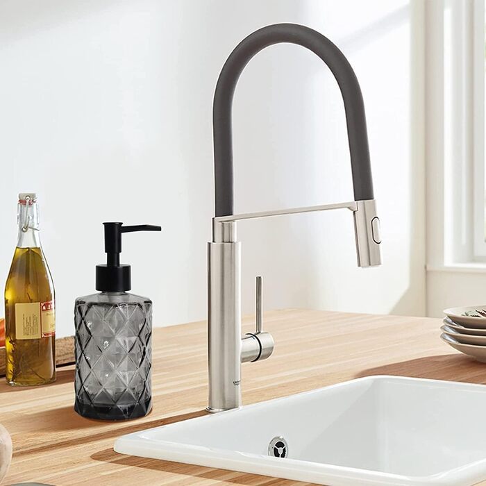 Дозатор мила Topsky 330 мл скляний, для ванної, пластиковий насос, для рідини для миття посуду, рідкого мила (чорний)