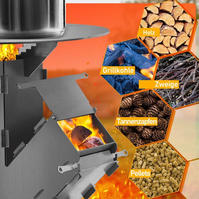 Ракетна піч із пластиною для гриля, гачком для вогню та 2 додатковими ніжками. Кемпінгова піч виготовлена з міцної сталі товщиною 3 мм. Кемпінгова піч, дров&39яна піч, ракетна піч, для використання на відкритому повітрі.