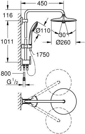 Душовий набір GROHE Vitalio Joy 260 без змішувача, економний (8 л/хв), з верхнім душем (3 режими струменя) та штангою 74 см, хром, 27421002, Ø 260 мм