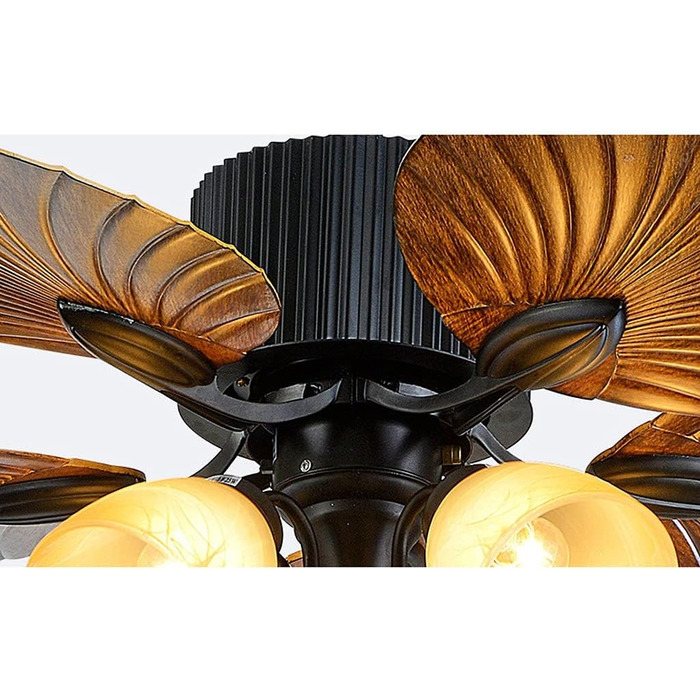 Стельові вентилятори в тропічному стилі зі скляним абажуром у формі квітки та лопаттю вентилятора у формі листка 52 старовинні сте