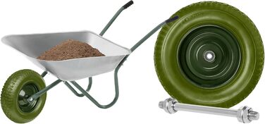 Колесо для тачки KRUMAD PU-піна 4.80/4.00-8, до 180 кг, з віссю, не проколюється, не потребує обслуговування, сталевий диск, подвійний кульковий підшипник, запасне колесо для тачок та візків, захист від проколів, темно-зелений
