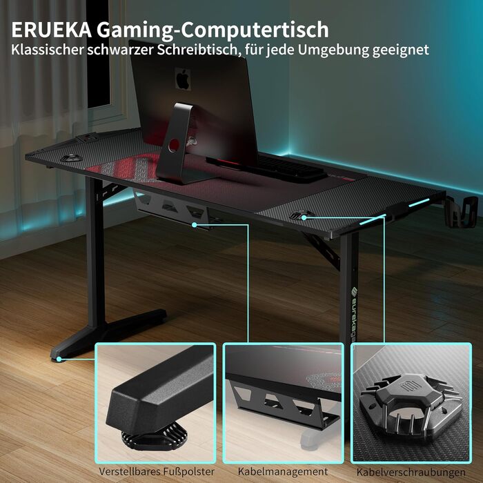 Ігровий стіл EUREKA ERGONOMIC, 140 x 60 см, МДФ / сталь / вуглецеве волокно, чорний