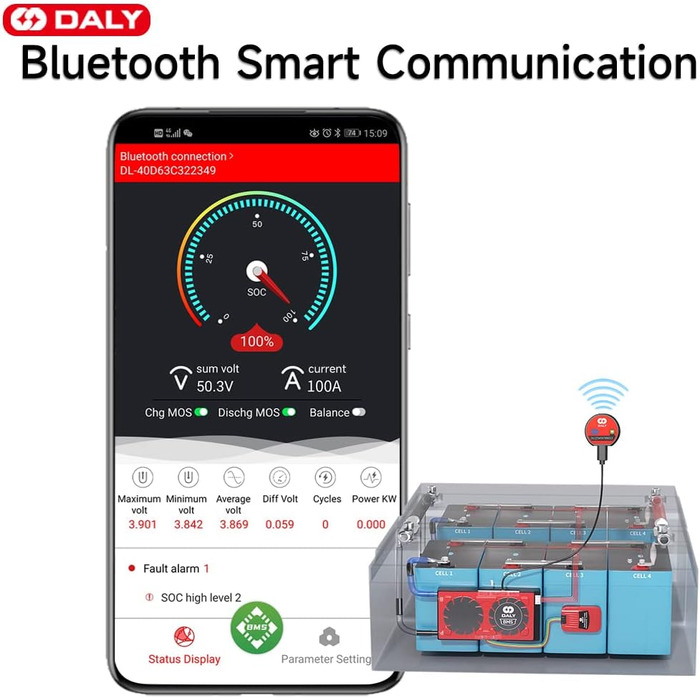 Паралельний модуль DALY BMS 1 A з вентилятором Smart BMS LiFePo4 8S 24 В 250 А та портом CAN, Smart BMS Bluetooth ключ для літієвих акумуляторів 3,2 В, інвертор, ДБЖ та домашня система зберігання (Lifepo4 8S 24V CAN BT, 60AParallel Module1A)