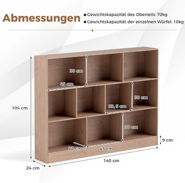 Книжкова полиця COSTWAY з 10 відділеннями, 3-рівнева окремостояча полиця, кубічна полиця, офісна полиця, полиця для зберігання речей для вітальні, спальні, кабінету, офісу, 140 x 24 x 104 см (натуральний колір) Натуральний 10 відділень (140 x 24 x 104 см)