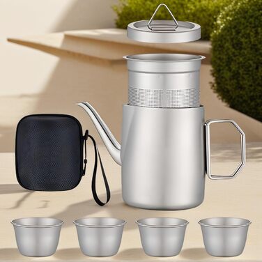 Компактний чайний набір Чайний Мандрівник 4 чашки, ситечко для чаю в комплекті, об'єм 50 мл, міцний термостійкий матеріал, преміум аксесуари для чаювання вдома та на природі